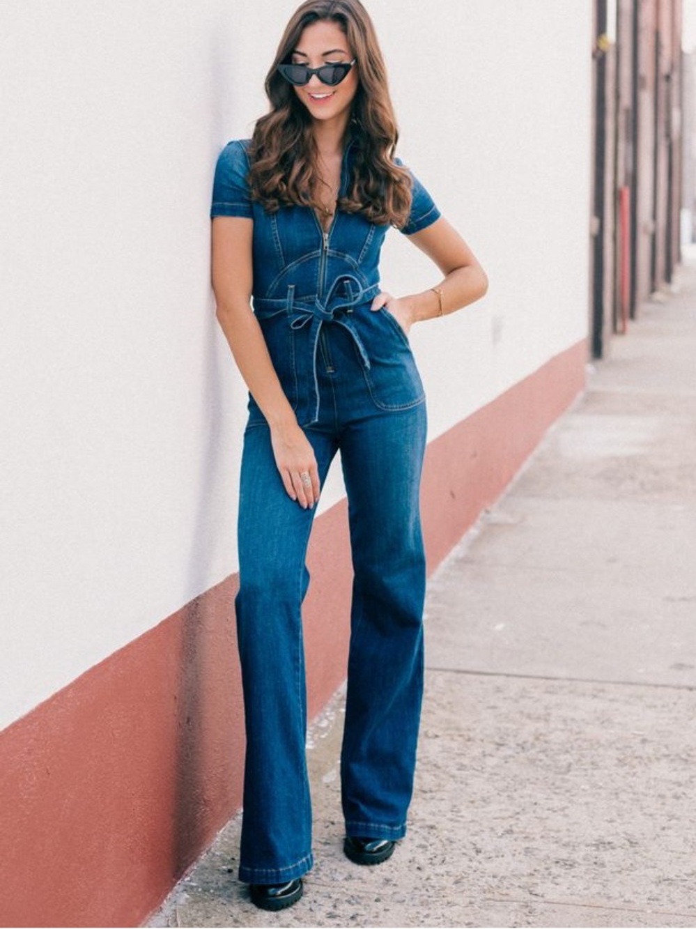 Alice + Olivia Indigo Zip-Front Wide-Leg Denim Jumpsuit